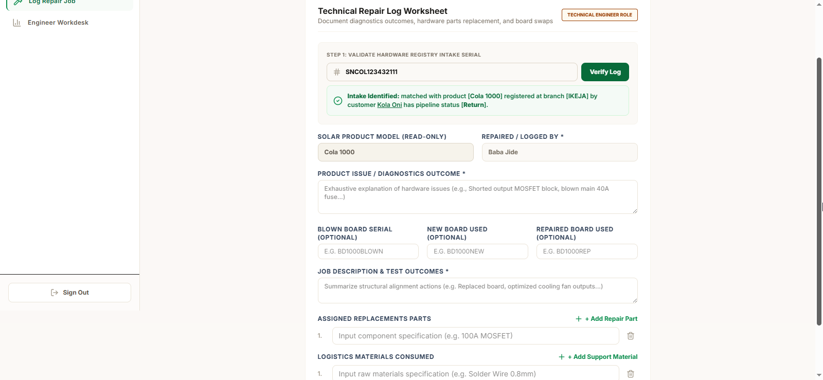 Engineer Log Form